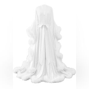 NEW Sexy Feather Bridal Robe Silk Satin Maternity Robes For Photoshoot Bathrobe